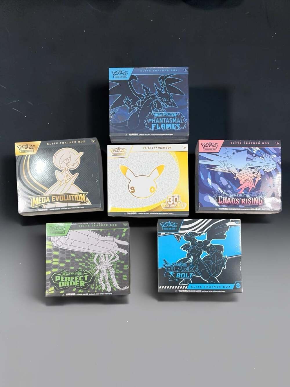 Lot of 6 Pokemon sealed Etb’s Mega Evolution Phantasmal Flames 30th Black Bolt